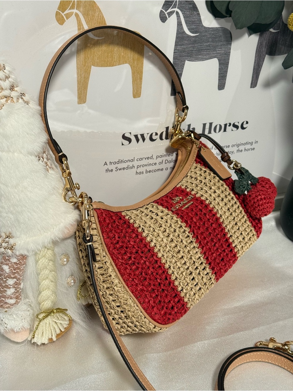 COACH teri shoulder bag with stripes and charm. gold/red/tan CER34 - Picture 6 of 11